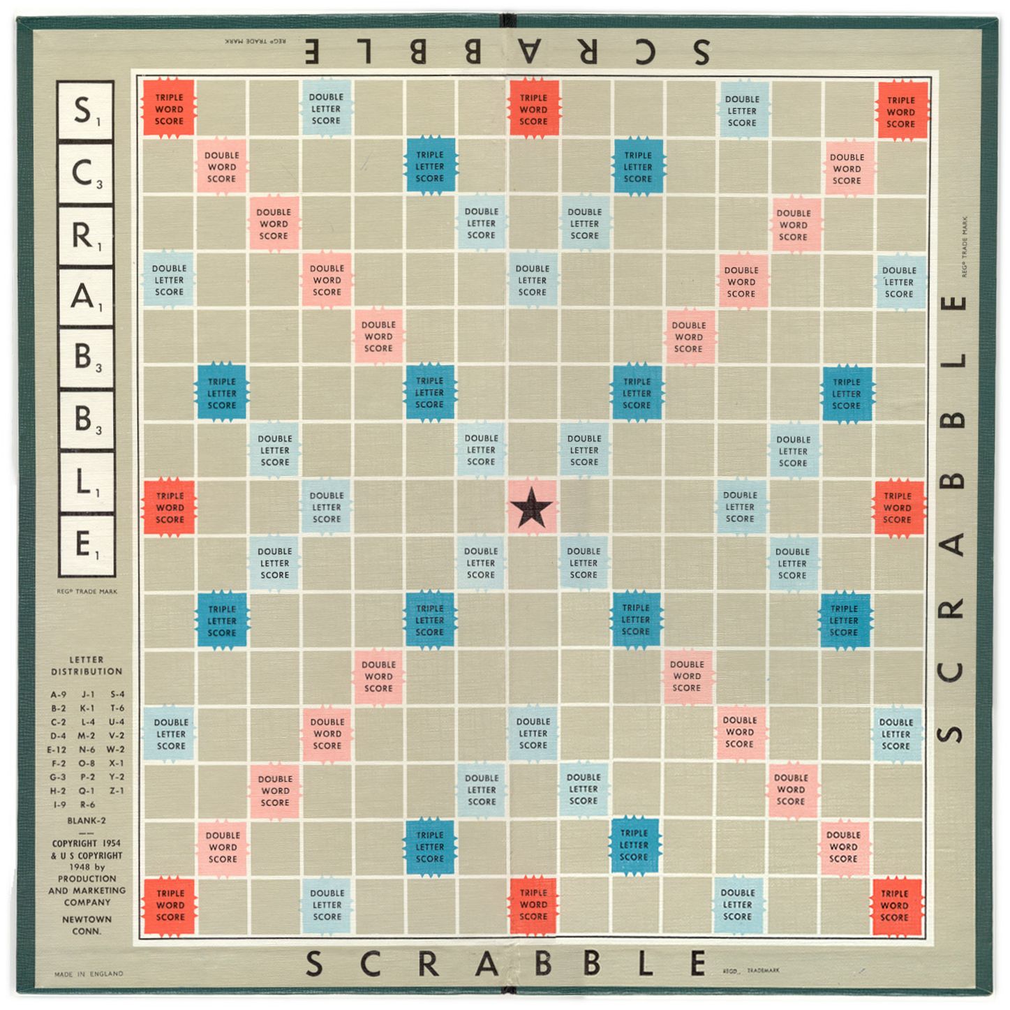 Scrabble game board with letter tiles